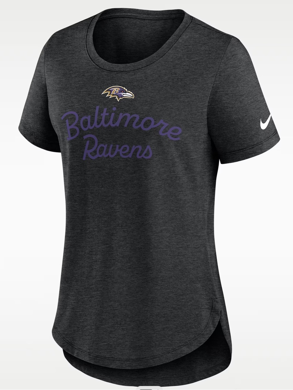 Baltimore Ravens Script Women's Nike NFL T-Shirt grey curved hem soft size L new